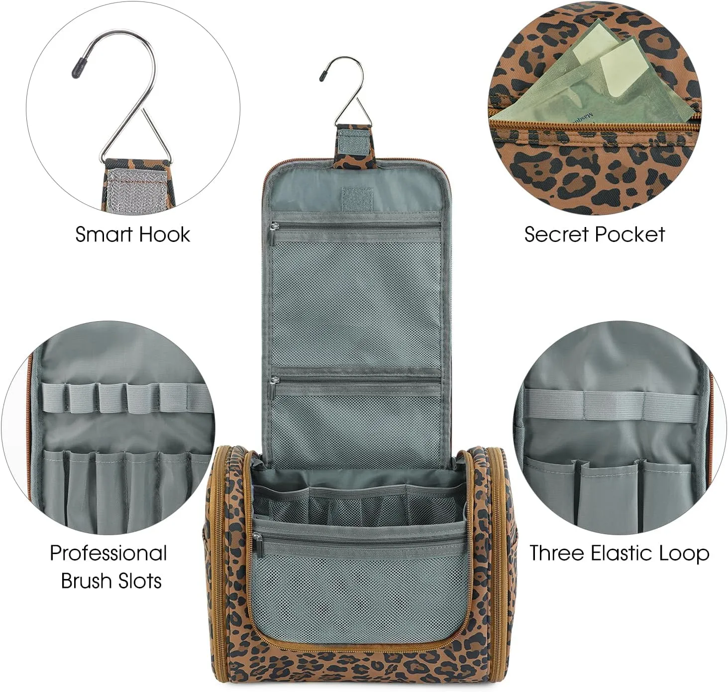 WANDF Large Hanging Toiletry Bag Travel Cosmetic Makeup Organizer Water-Resistant Shower Bathroom Bag for Women and Men (Brown Leopard)