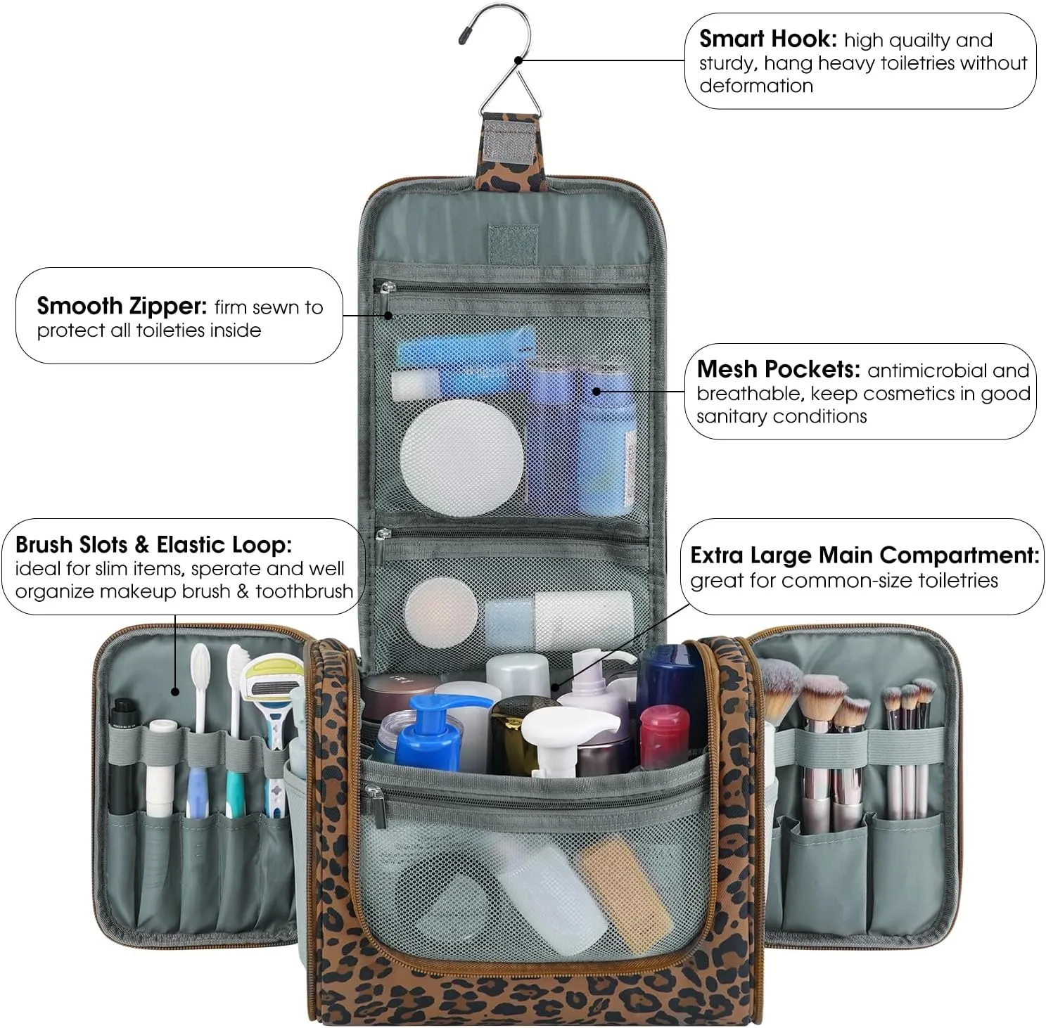 WANDF Large Hanging Toiletry Bag Travel Cosmetic Makeup Organizer Water-Resistant Shower Bathroom Bag for Women and Men (Brown Leopard)