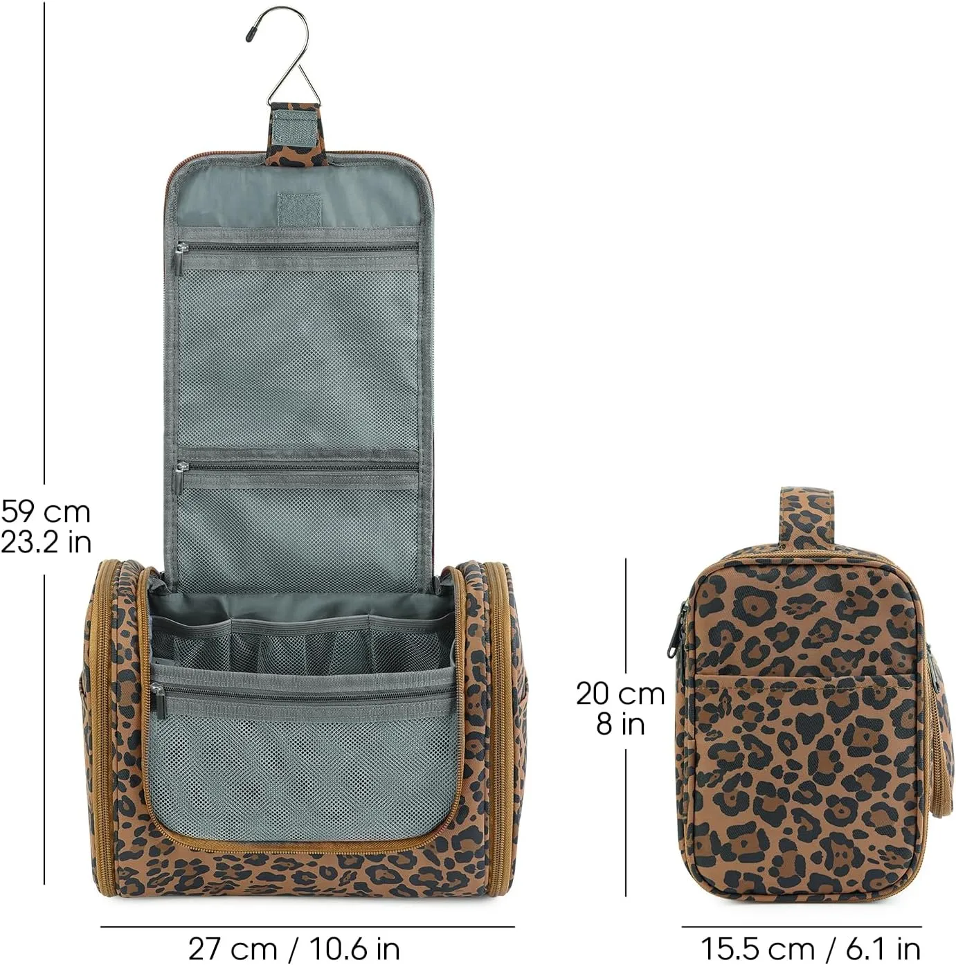 WANDF Large Hanging Toiletry Bag Travel Cosmetic Makeup Organizer Water-Resistant Shower Bathroom Bag for Women and Men (Brown Leopard)