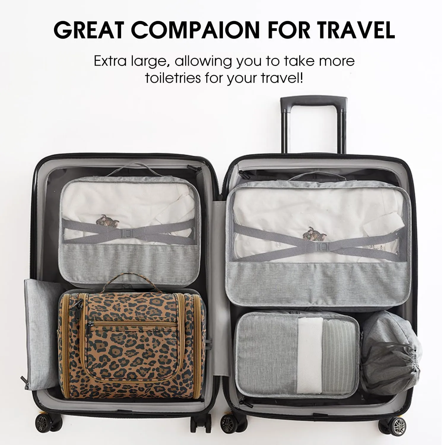 WANDF Large Hanging Toiletry Bag Travel Cosmetic Makeup Organizer Water-Resistant Shower Bathroom Bag for Women and Men (Brown Leopard)