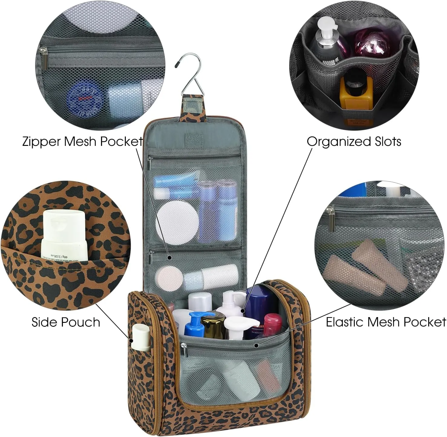 WANDF Large Hanging Toiletry Bag Travel Cosmetic Makeup Organizer Water-Resistant Shower Bathroom Bag for Women and Men (Brown Leopard)