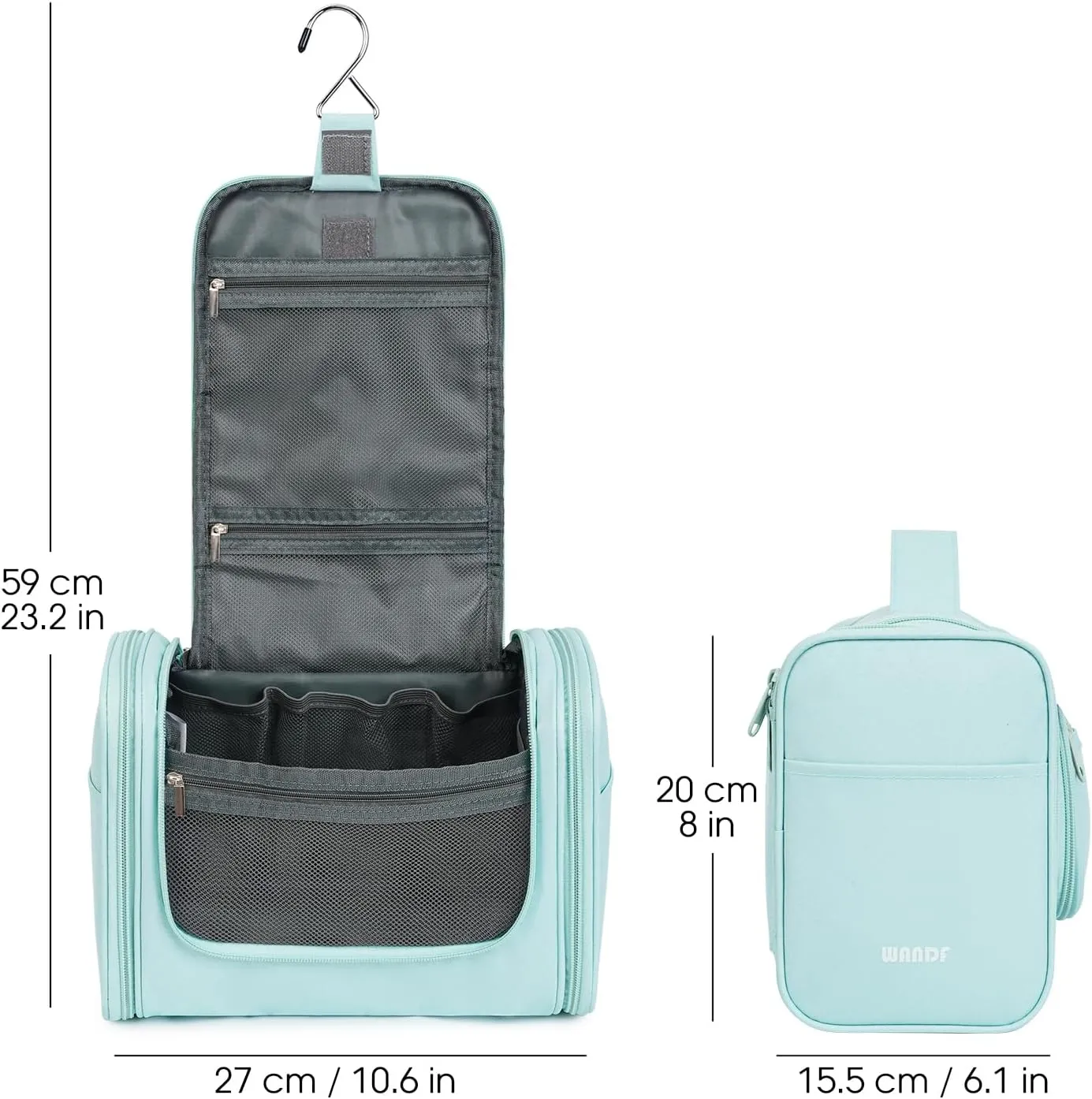 WANDF Large Hanging Toiletry Bag Travel Cosmetic Makeup Organizer Water-Resistant Shower Bathroom Bag for Women and Men (Mint Green)