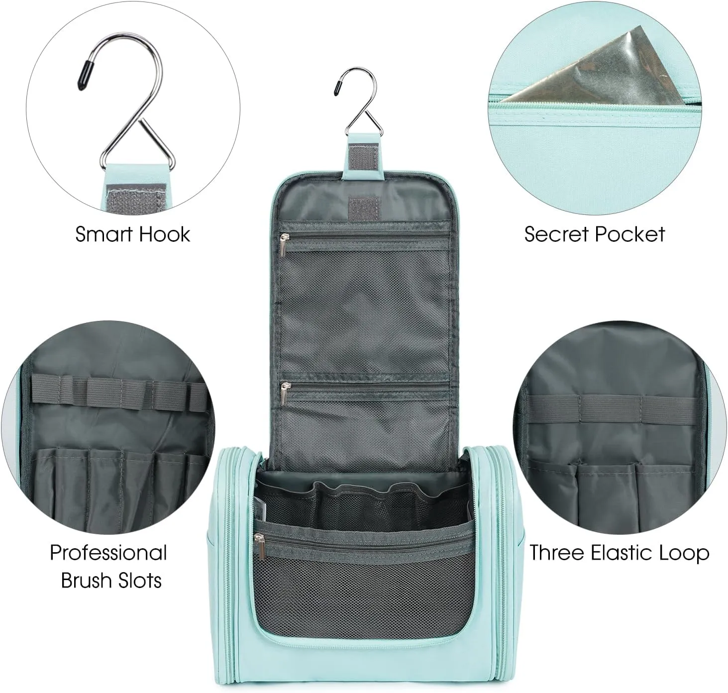 WANDF Large Hanging Toiletry Bag Travel Cosmetic Makeup Organizer Water-Resistant Shower Bathroom Bag for Women and Men (Mint Green)
