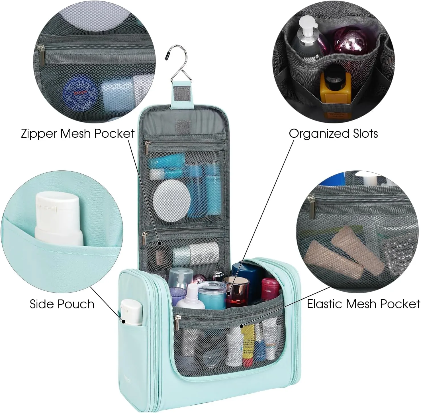 WANDF Large Hanging Toiletry Bag Travel Cosmetic Makeup Organizer Water-Resistant Shower Bathroom Bag for Women and Men (Mint Green)