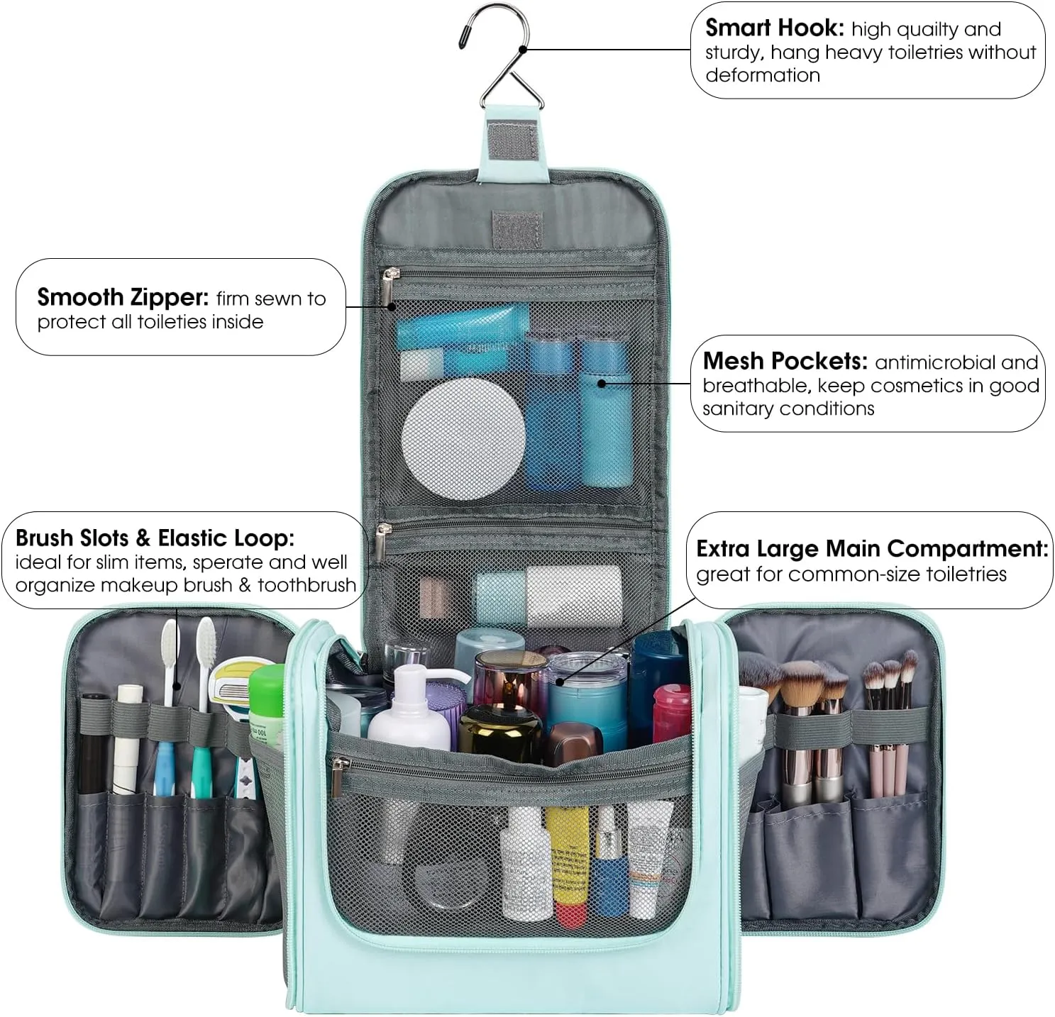 WANDF Large Hanging Toiletry Bag Travel Cosmetic Makeup Organizer Water-Resistant Shower Bathroom Bag for Women and Men (Mint Green)