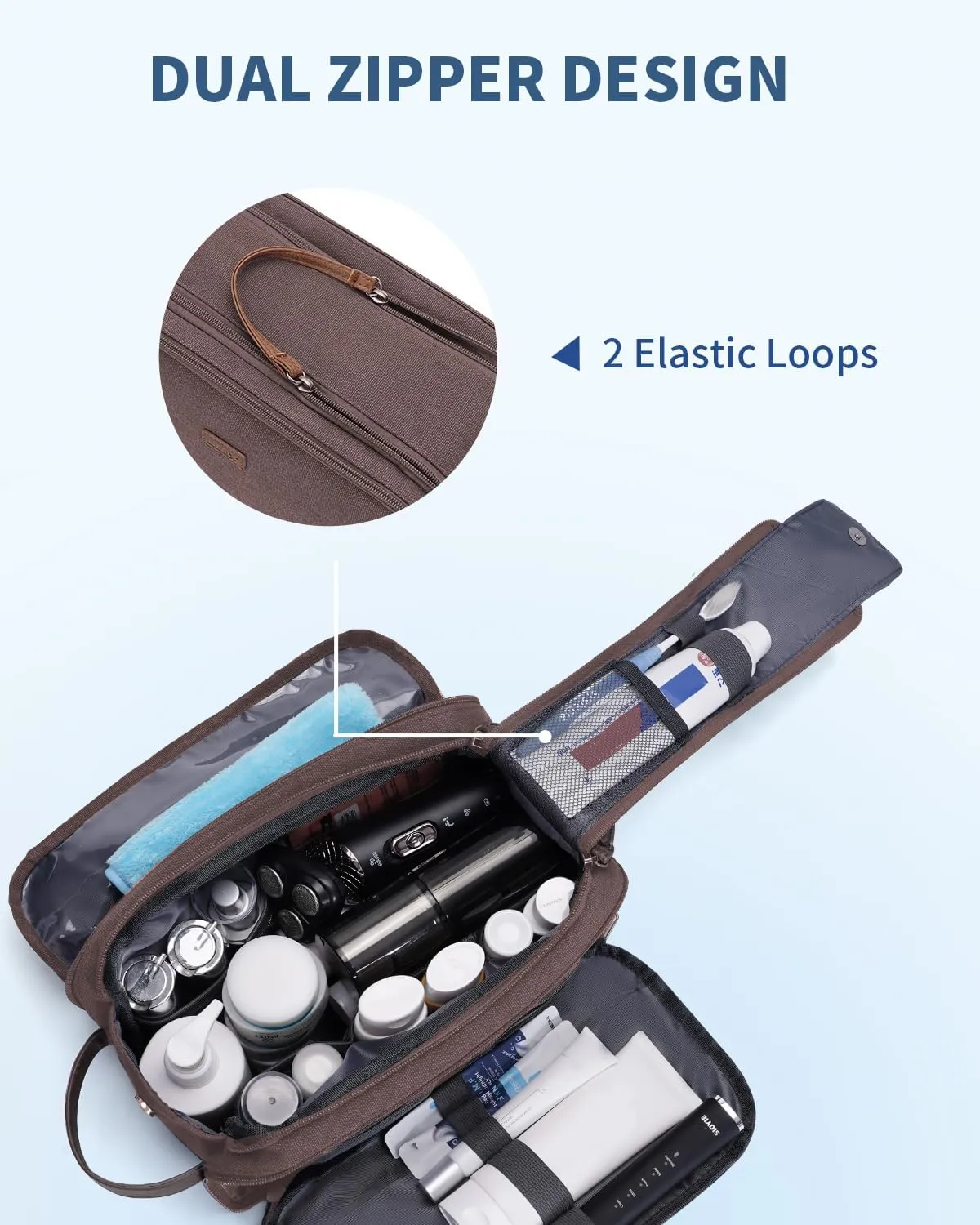 WANDF Toiletry Bag for Men Travel Toiletry Organizer Canvas and Leather Dopp Kit Water-Resistant Shaving Bag for Travel Accessories (Brown, Patent Pending)