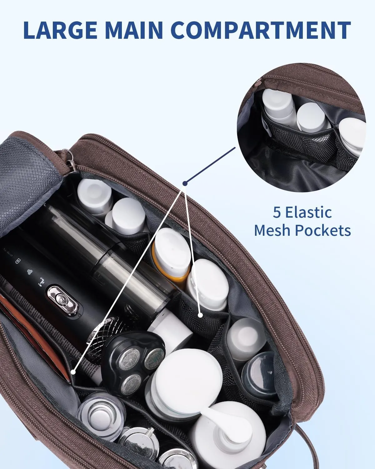 WANDF Toiletry Bag for Men Travel Toiletry Organizer Canvas and Leather Dopp Kit Water-Resistant Shaving Bag for Travel Accessories (Brown, Patent Pending)