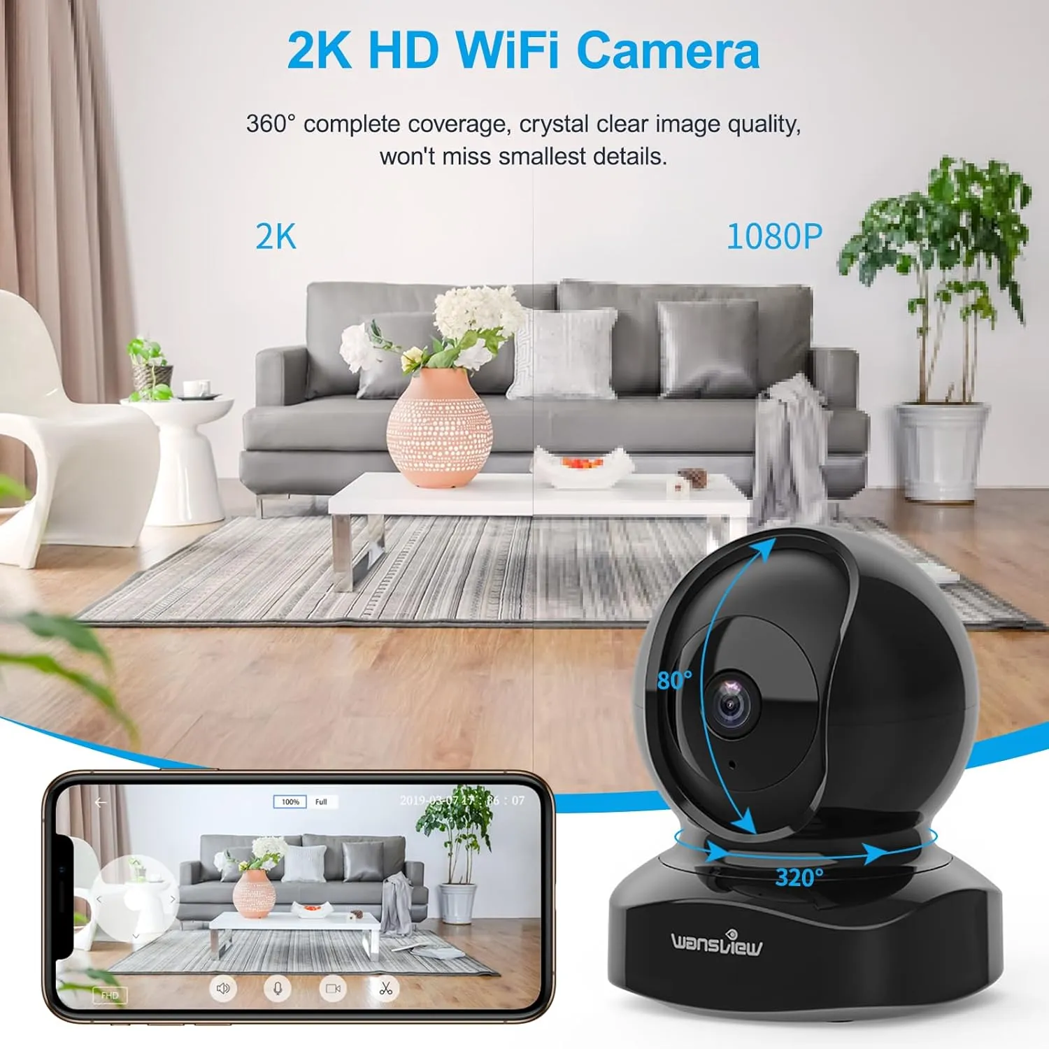 Wansview Security Camera Indoor, 360 Degree WiFi Home Security Cameras for Pet/Dog/Nanny, 2 Way Audio Night Vision, Works with Alexa, with TF Card Slot and Cloud, 2.4Ghz, Q5 (Black, 3MP)