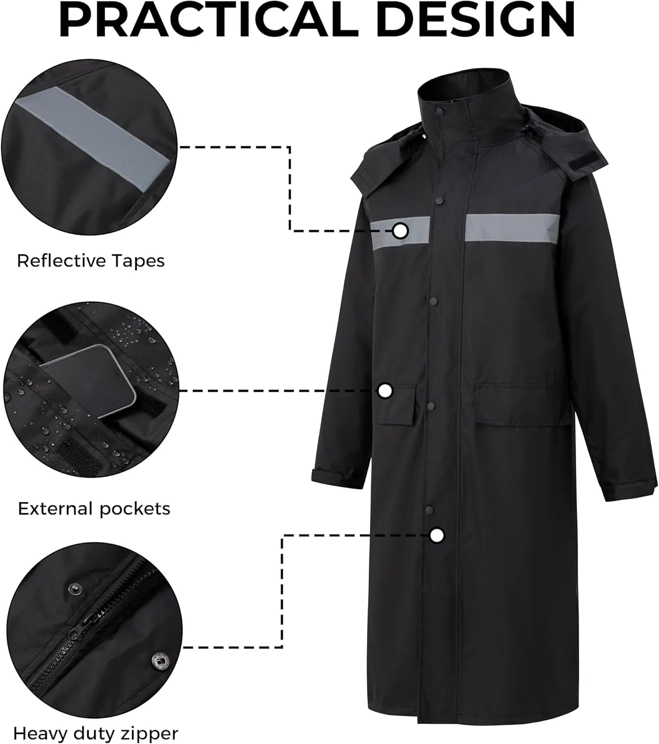 wantdo Mens Rain Jacket Waterproof with Hood Packable Long Rain Coat Lightweight Rainwear Raincoat