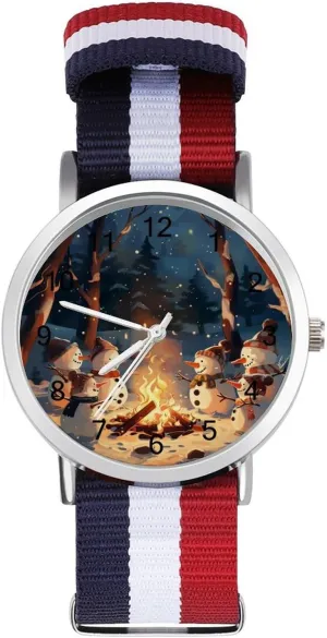 Warm Snowman Unisex Watch Lightweight Breathable Woven Nylon Wrist Strap Watch with Metal Buckle