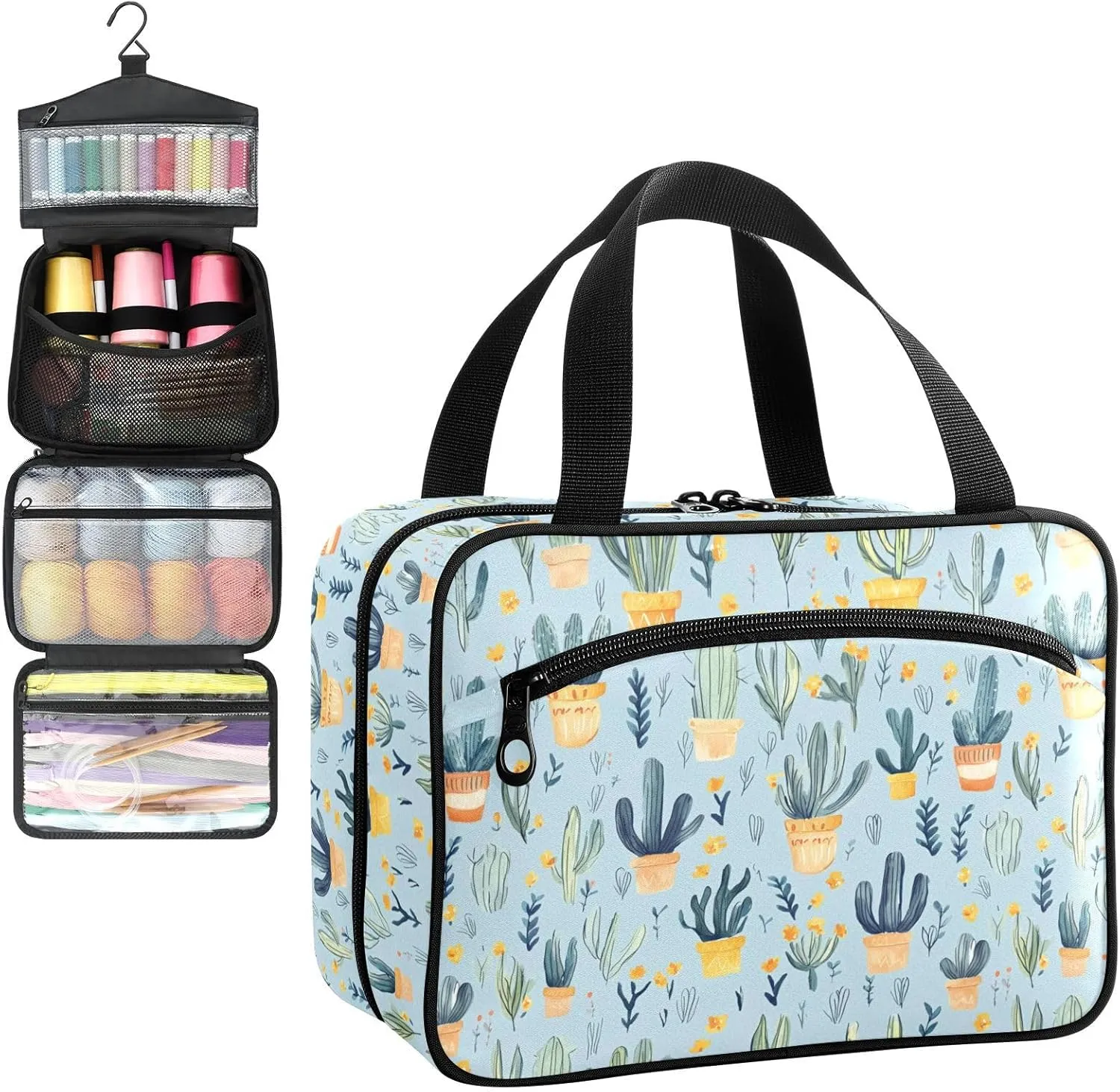 Watercolor Cactus Leaf Travel Toiletry Bag, Hanging Toiletry Bag Portable with Zipper, Sewing Storage with 4 Compartment and Hook for women/men Travel/Daily Use