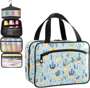 Watercolor Cactus Leaf Travel Toiletry Bag, Hanging Toiletry Bag Portable with Zipper, Sewing Storage with 4 Compartment and Hook for women/men Travel/Daily Use