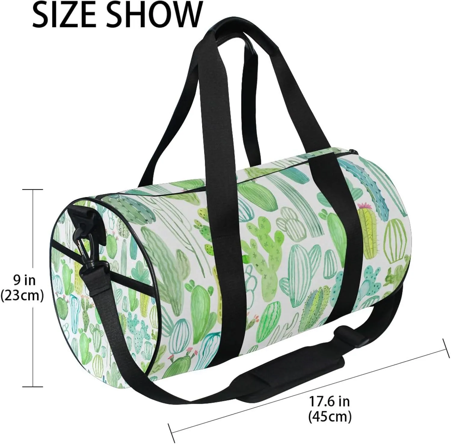 Watercolor Green Cactus Cacti Seamless Pattern on White Background Portable Gym Bag, Travel Bag, Luggage bag, Sports Bag, Toiletry Bag with Handles, Detachable Shoulder Strap 17.6 x 9 x 9 inch