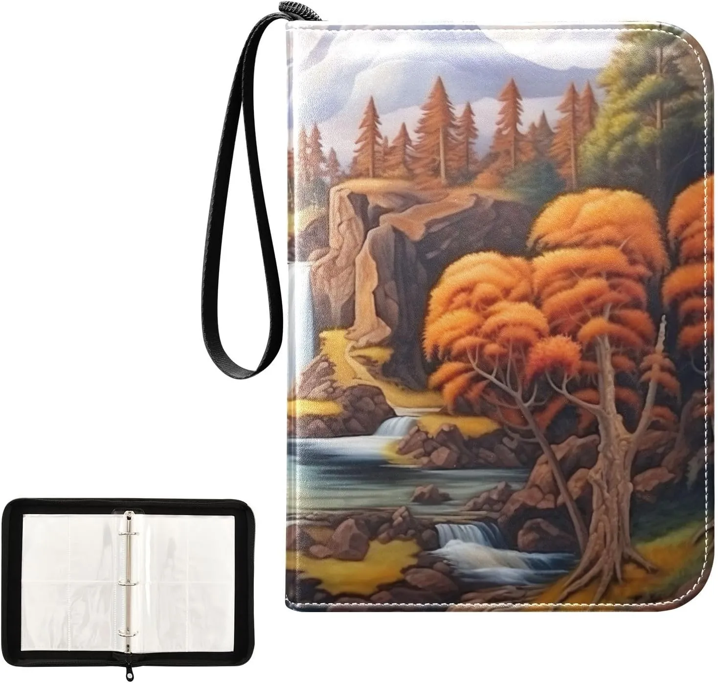 Waterfall Painting Card Binder 4-Pocket, 400 Pockets Trading Cards Holder Games Card Albums Storage Organizer Case for Football, Baseball Cards