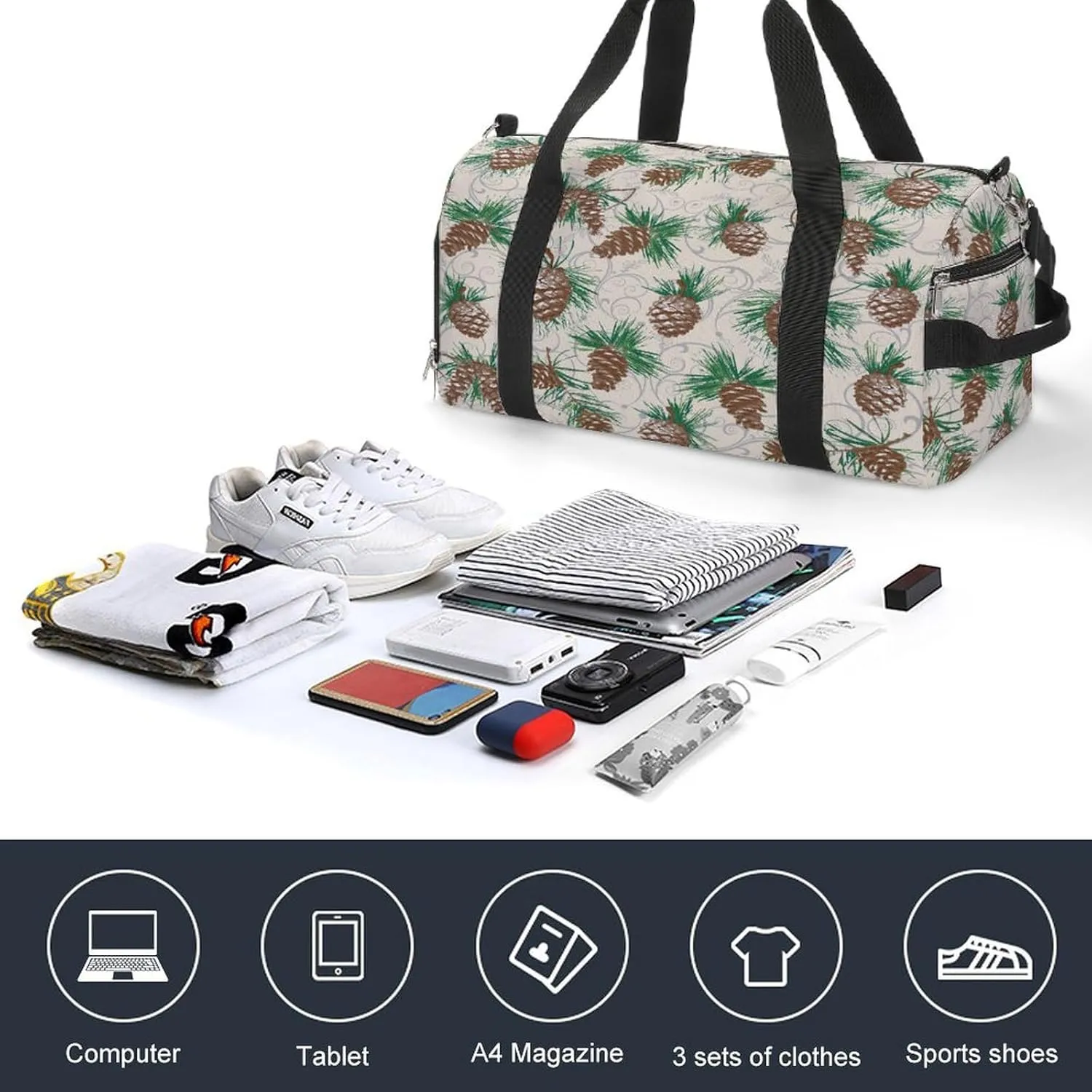 Waterproof Pinecone Travel Duffel Bag with Shoe Compartment Gym Weekender