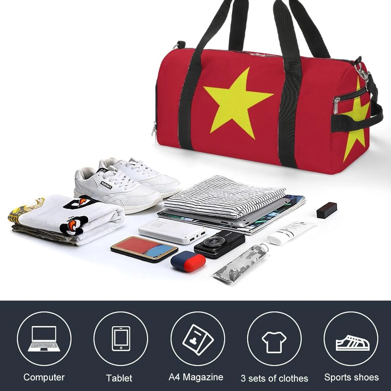 Waterproof Travel Duffel Bag Vietnam Flag for Men Women Shoe Compartment
