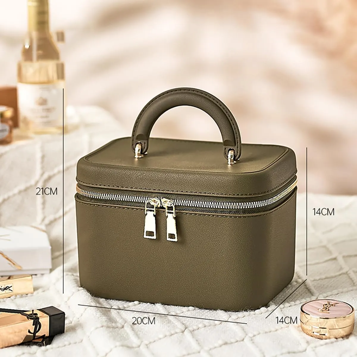 Waterproof Travel Makeup Bag – Large Capacity Cosmetic Organizer with Handle, Green Square Toiletry Bag for Women’s Skincare & Beauty Essentials or as a Gift