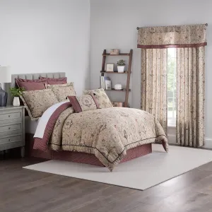 Waverly Oxford Damask 4 Piece Cotton Comforter Set, Embellished All Season Bedding, Includes One Comforter, One Bed Skirt and Two Pillow Shams, Machine Washable King Bed Set, Beige & Maroon