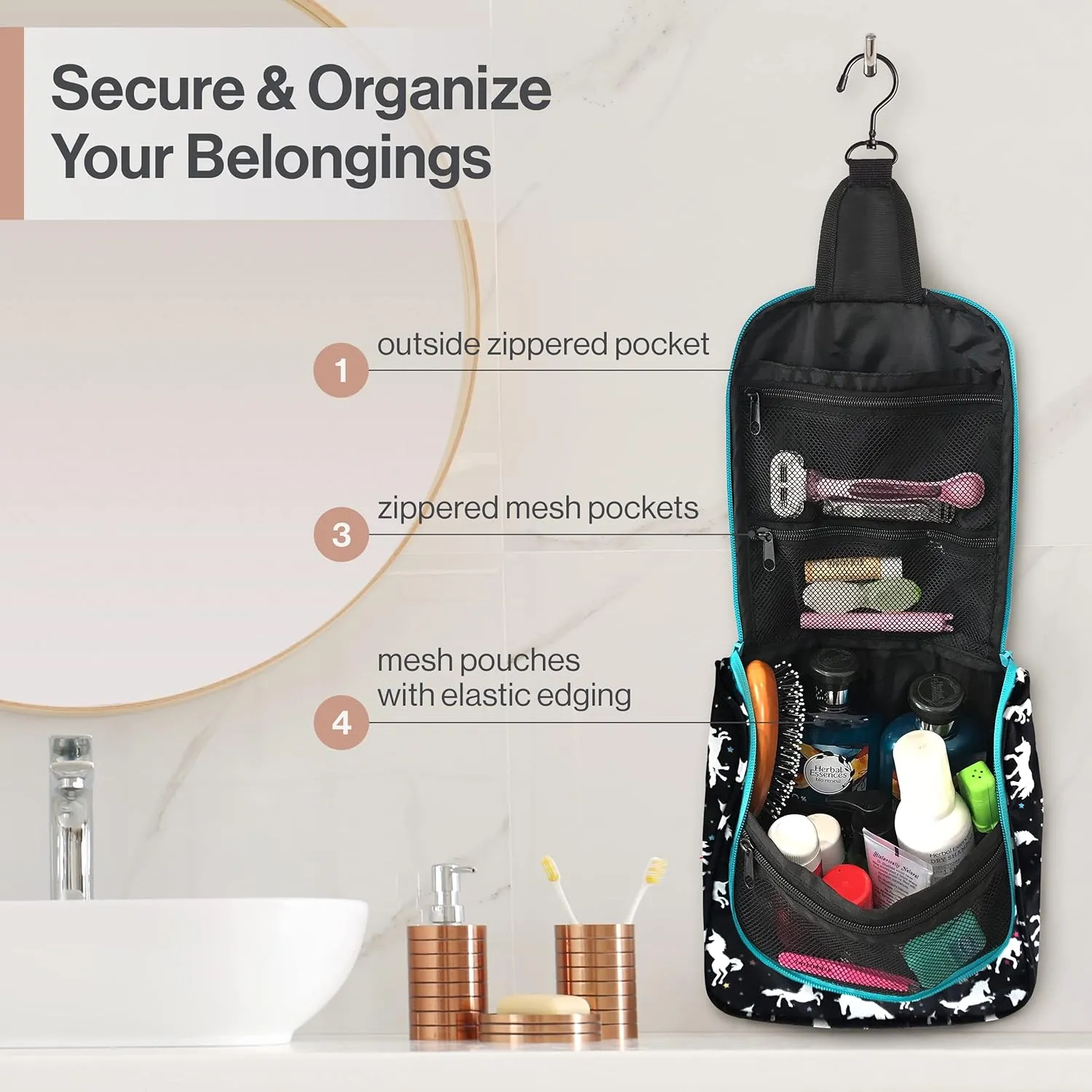 Wayfarer Supply Hanging Travel Toiletry Bag - Large Cosmetic Bag Organizer for Toiletries, Makeup and Shaving Supplies - Cruise and Travel Essentials for Women & Men, Black with Unicorn Pattern