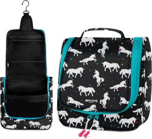 Wayfarer Supply Hanging Travel Toiletry Bag - Large Cosmetic Bag Organizer for Toiletries, Makeup and Shaving Supplies - Cruise and Travel Essentials for Women & Men, Black with Unicorn Pattern