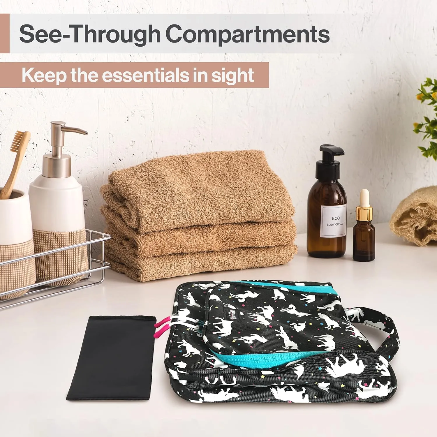 Wayfarer Supply Hanging Travel Toiletry Bag - Large Cosmetic Bag Organizer for Toiletries, Makeup and Shaving Supplies - Cruise and Travel Essentials for Women & Men, Black with Unicorn Pattern