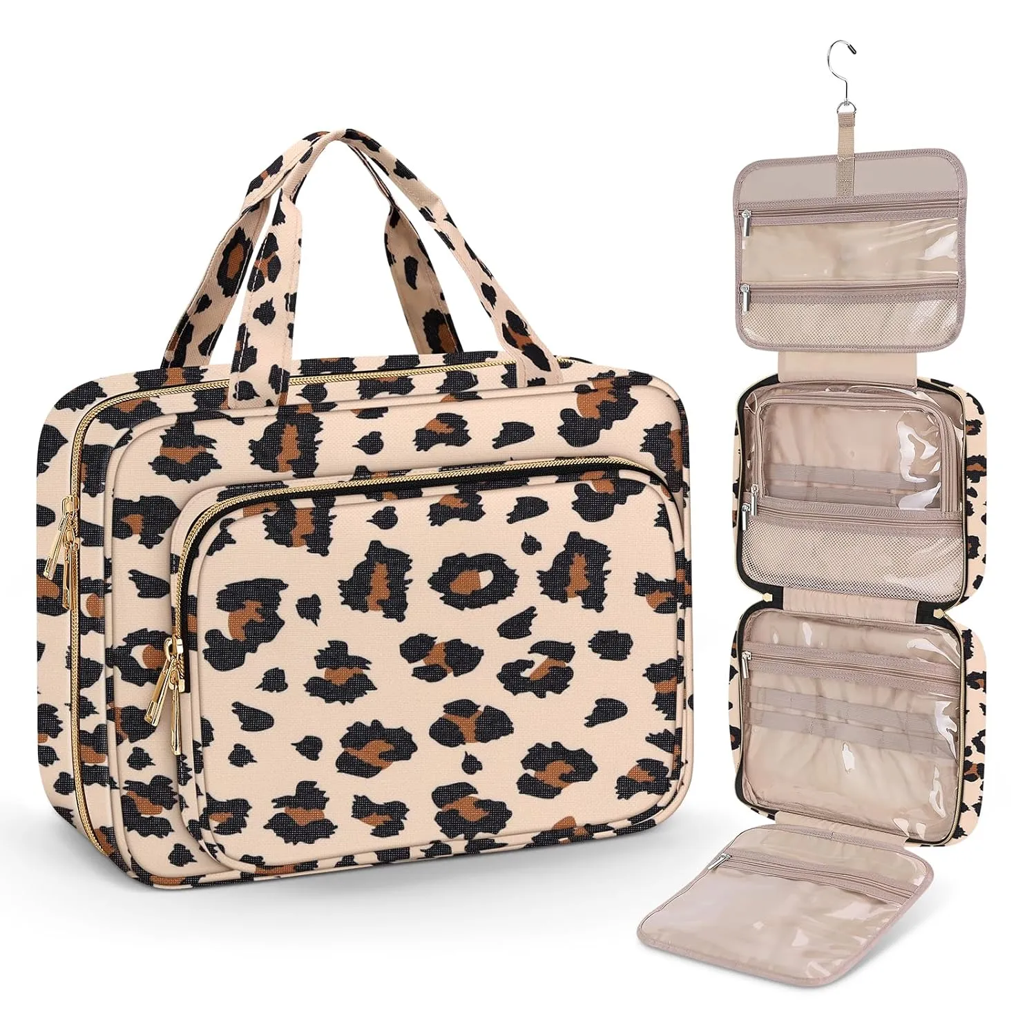 Wedama Toiletry Bag for Women, Large Cosmetic Travel Bag, Hanging Toiletry Bag for Bathroom, Thickened PVC Waterproof Makeup Bag, Toiletries Bag for Travel Trips and Camping, Leopard Print