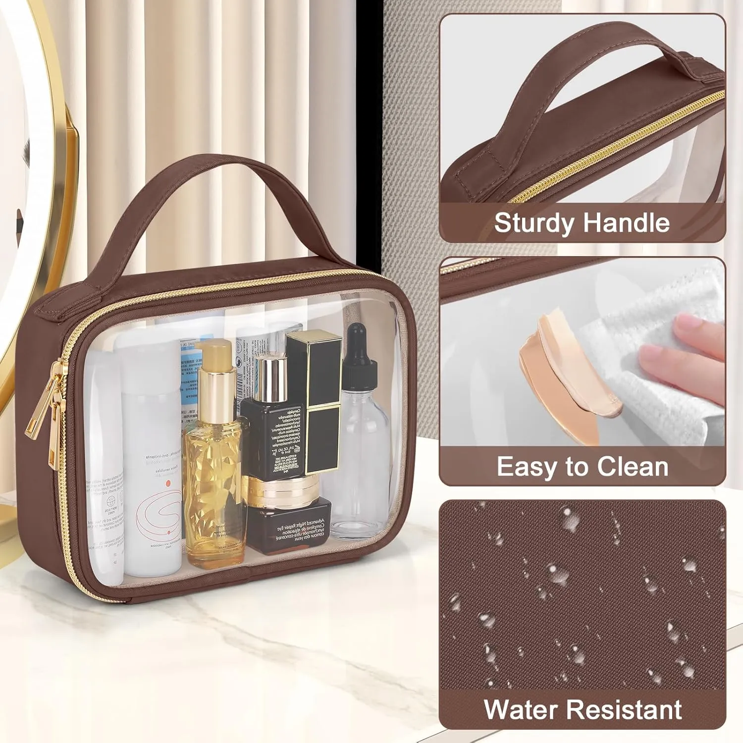 Wedama TSA Approved Toiletry Bag, 3 Pack Clear Makeup Bags with Handles, Quart Size PVC Clear Cosmetic Bags for Women and Men, Carry on Airport Airline Compliant Bag, Brown