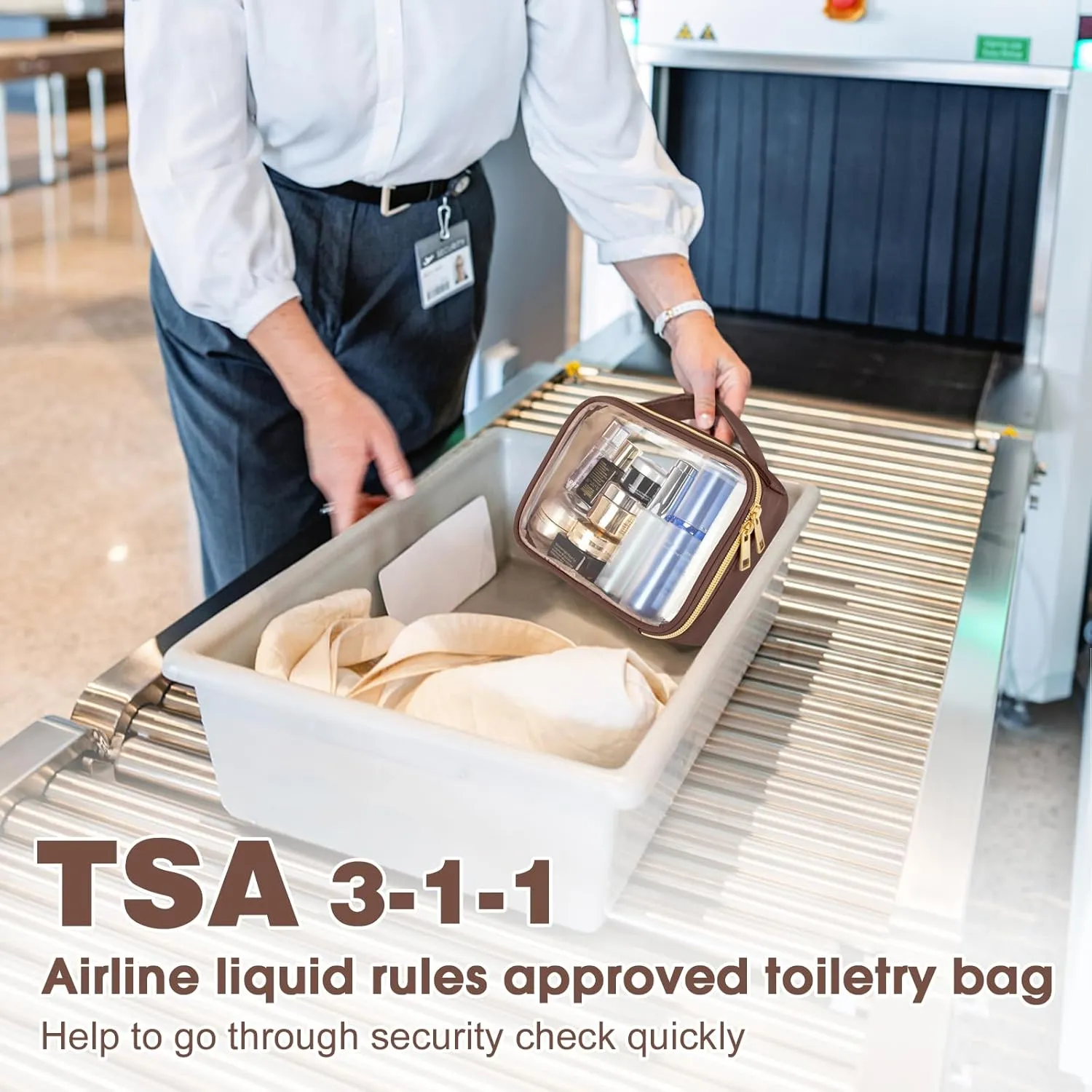 Wedama TSA Approved Toiletry Bag, 3 Pack Clear Makeup Bags with Handles, Quart Size PVC Clear Cosmetic Bags for Women and Men, Carry on Airport Airline Compliant Bag, Brown