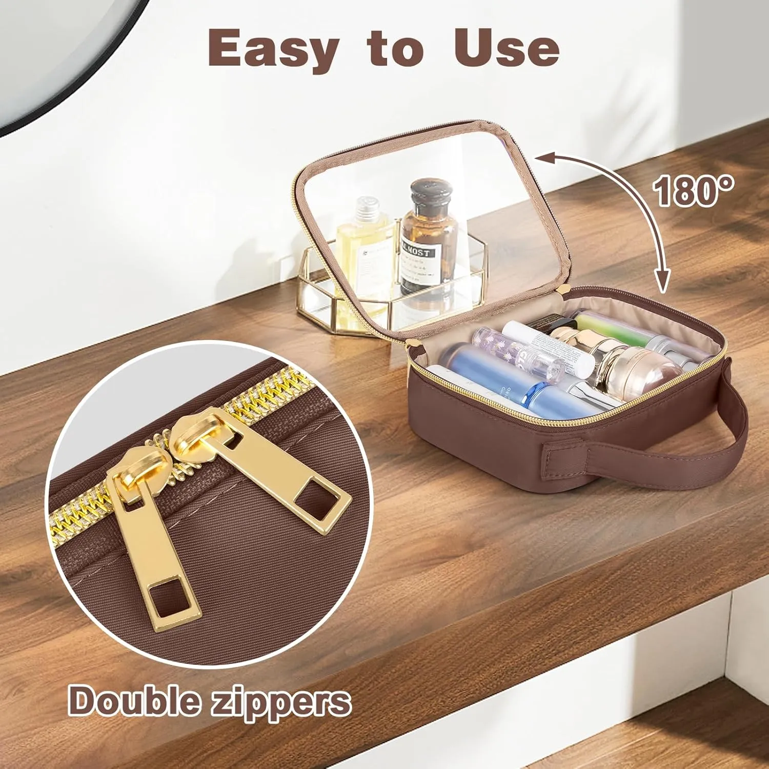Wedama TSA Approved Toiletry Bag, 3 Pack Clear Makeup Bags with Handles, Quart Size PVC Clear Cosmetic Bags for Women and Men, Carry on Airport Airline Compliant Bag, Brown