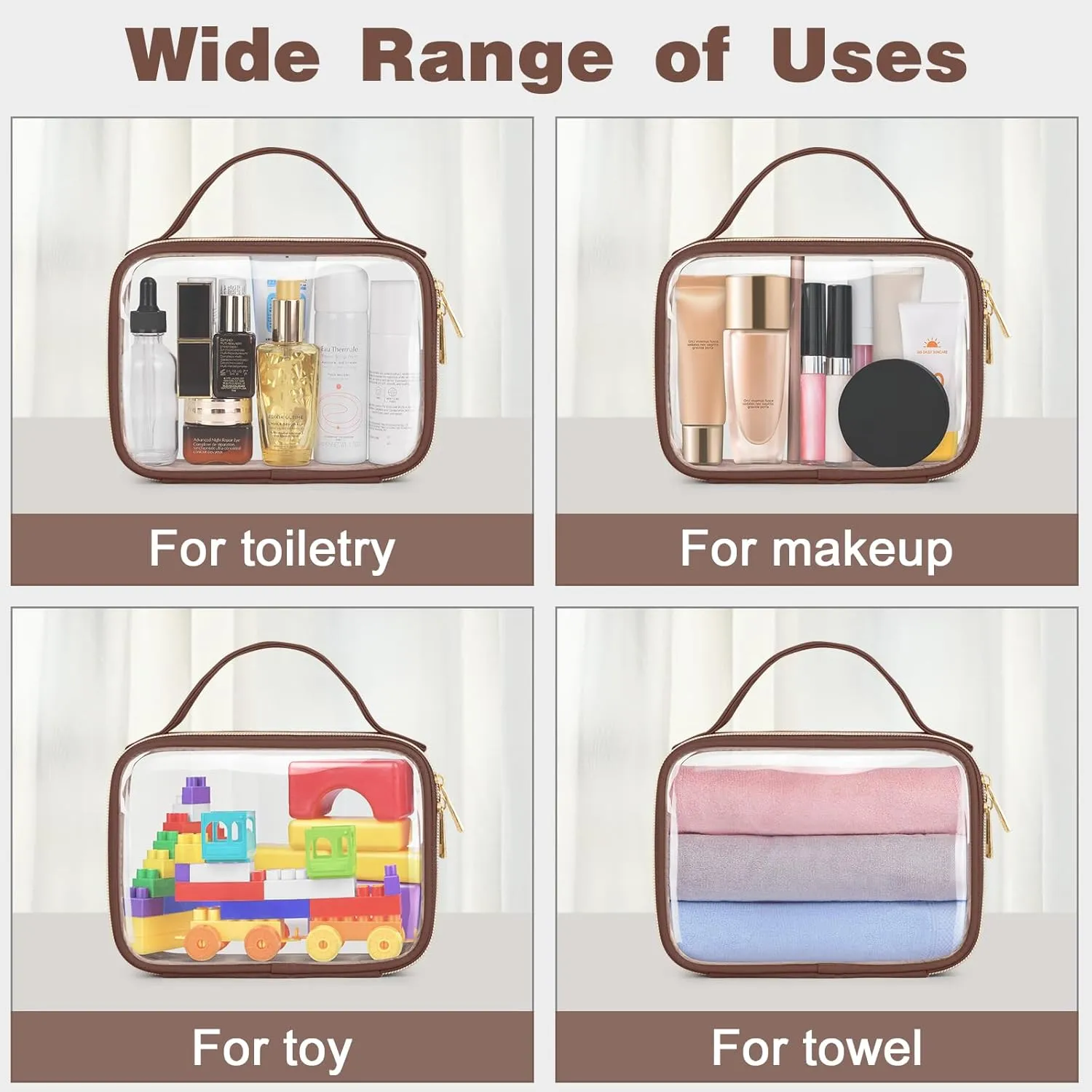 Wedama TSA Approved Toiletry Bag, 3 Pack Clear Makeup Bags with Handles, Quart Size PVC Clear Cosmetic Bags for Women and Men, Carry on Airport Airline Compliant Bag, Brown