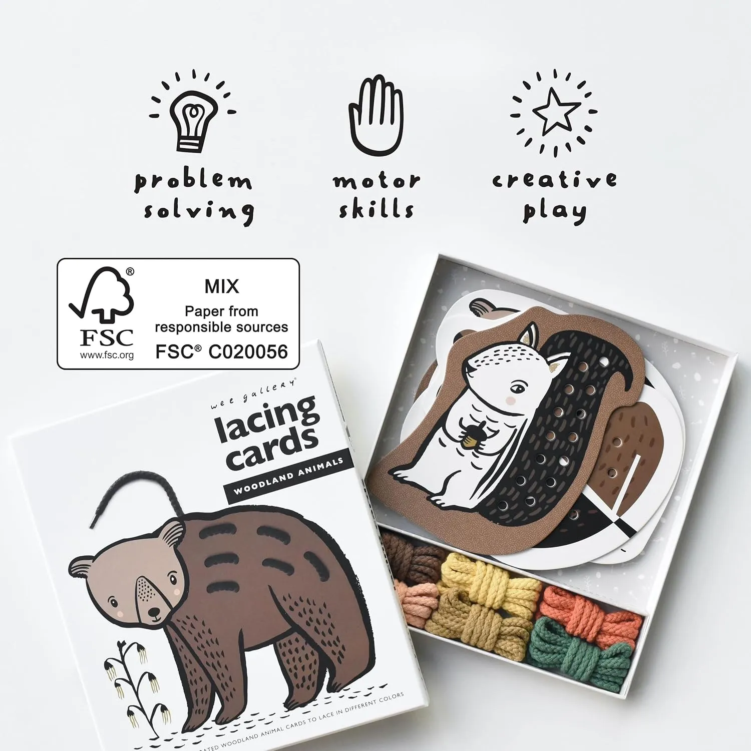 Wee Gallery Woodland Lacing Cards, Sewing Board and Travel Game for Toddlers and Preschoolers, Fine Motor Skills Toy, Montessori-Inspired Educational Kids Craft Activity for Ages 3 