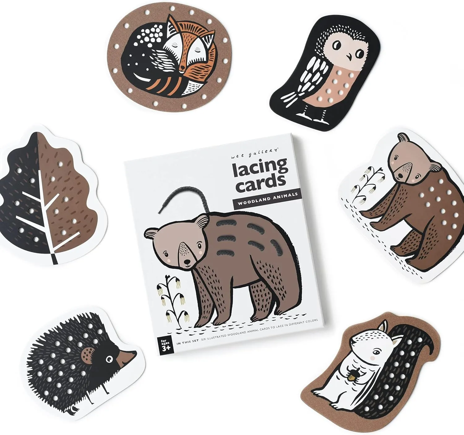 Wee Gallery Woodland Lacing Cards, Sewing Board and Travel Game for Toddlers and Preschoolers, Fine Motor Skills Toy, Montessori-Inspired Educational Kids Craft Activity for Ages 3 