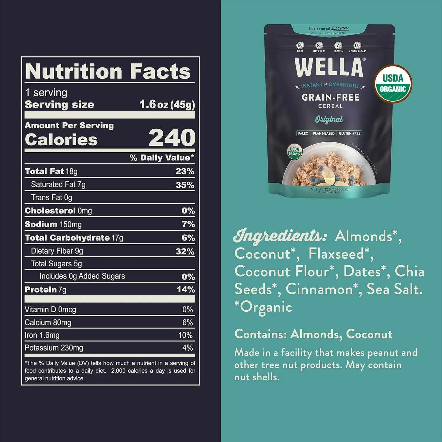 Wella Cereal Oatmeal Alternative, Gluten-Free Breakfast Hot Cereal, Grain-Free Paleo Organic Vegan High Protein Superfood, Plant-Based Non-GMO, Low in Net Carbs, Multi-Serve Bag, Original Flavor (1 Count, 12.8 oz. Bag)