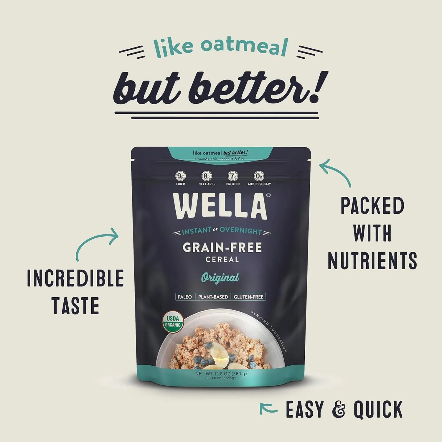 Wella Cereal Oatmeal Alternative, Gluten-Free Breakfast Hot Cereal, Grain-Free Paleo Organic Vegan High Protein Superfood, Plant-Based Non-GMO, Low in Net Carbs, Multi-Serve Bag, Original Flavor (1 Count, 12.8 oz. Bag)