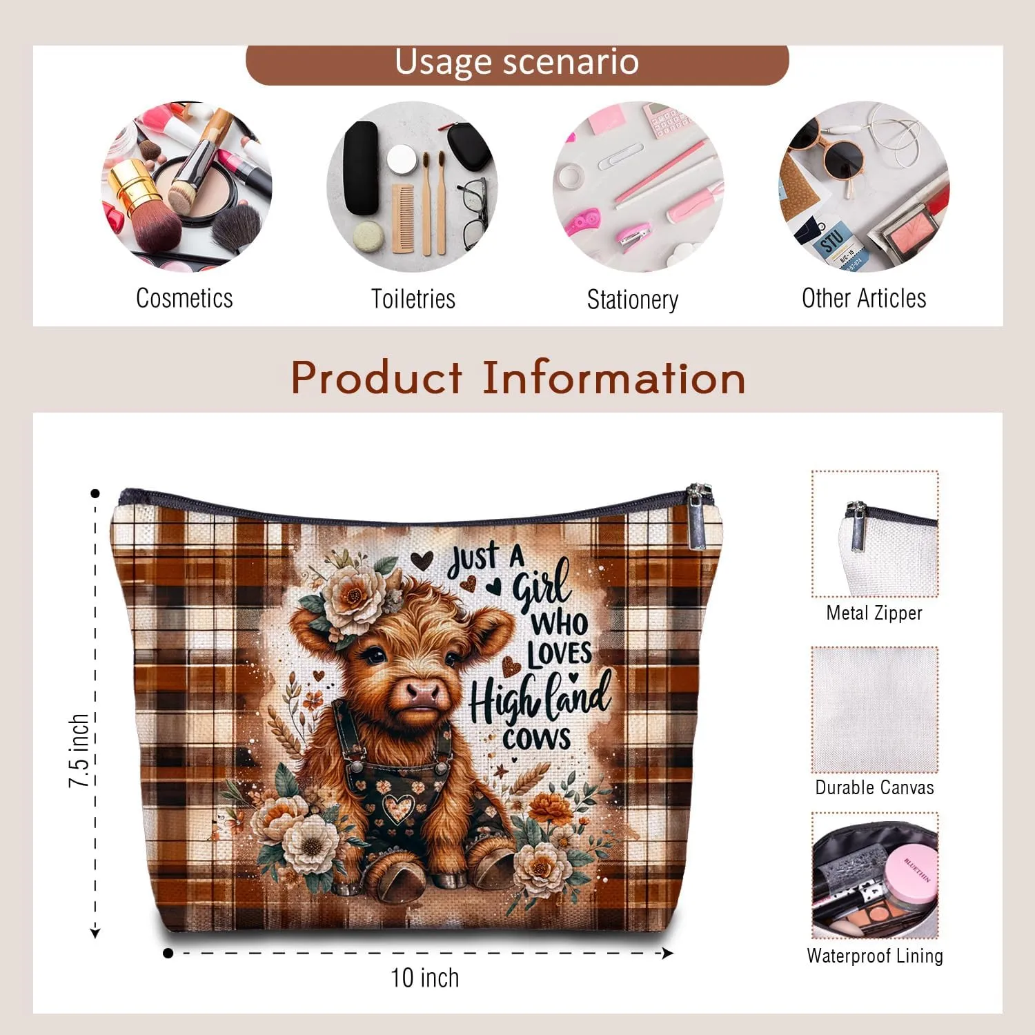Western Cosmetic Bag - Highland Cow Gifts for Women, Western Gifts, Western Baby Highland Cow Makeup Bag for Purse, Just a Girl Who Loves Highland Cows
