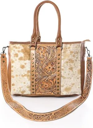 Western Cowhide Hairon Leather Tote Bag for Women With Adjustable Tooled Shoulder Strap Leather Purse