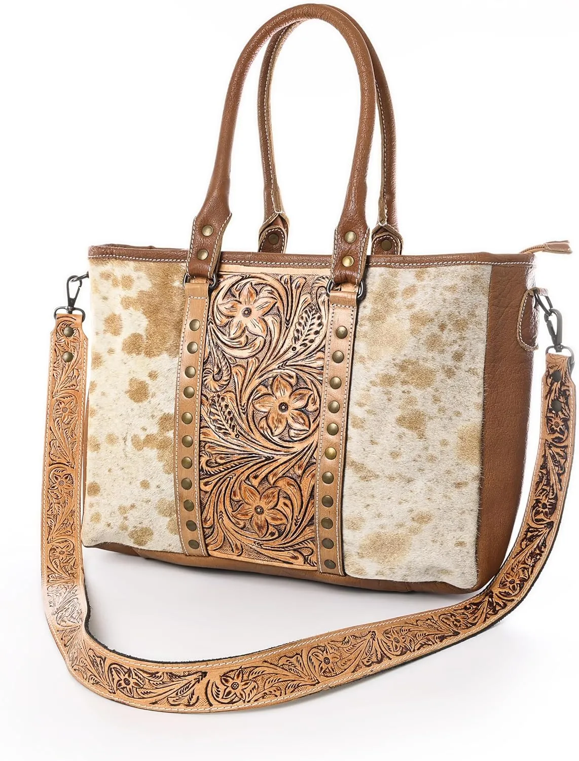 Western Cowhide Hairon Leather Tote Bag for Women With Adjustable Tooled Shoulder Strap Leather Purse