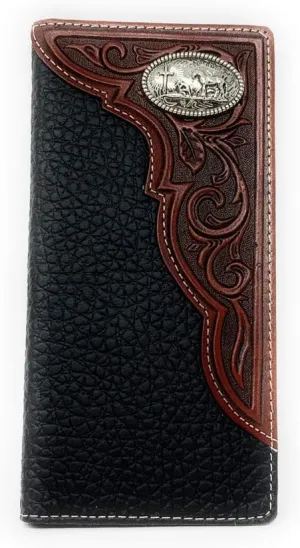 Western Premium Genuine Leather Tooled Men's Long Bifold Wallet premium cowboy wallets in 2 colors (Black Praying cowboy)