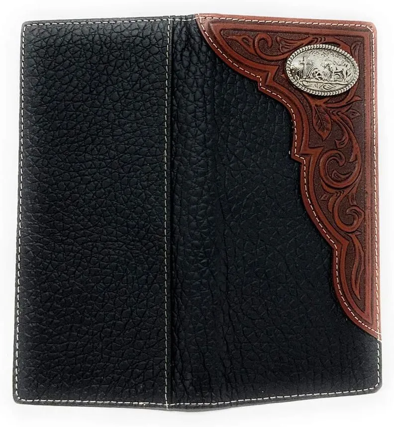 Western Premium Genuine Leather Tooled Men's Long Bifold Wallet premium cowboy wallets in 2 colors (Black Praying cowboy)