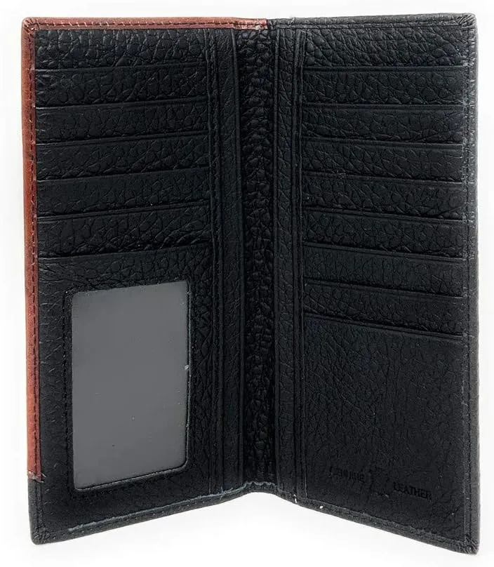 Western Premium Genuine Leather Tooled Men's Long Bifold Wallet premium cowboy wallets in 2 colors (Black Praying cowboy)