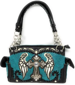 Western Tooled Leather/Laser Cut Bling Rhinestone Cross Wings Handbag Purse and Wallets in 5 Colors (Black Green Handbag)