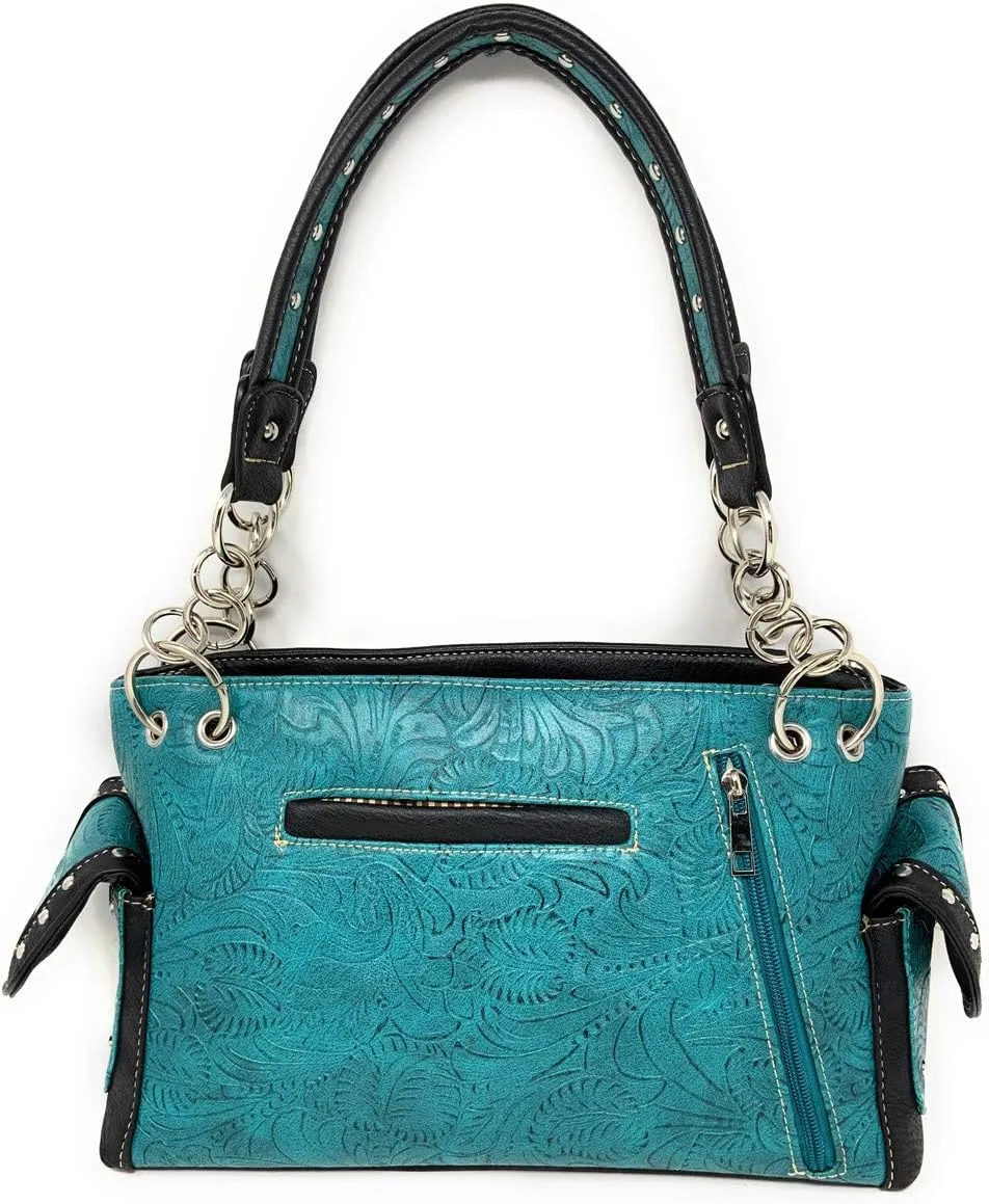Western Tooled Leather/Laser Cut Bling Rhinestone Cross Wings Handbag Purse and Wallets in 5 Colors (Black Green Handbag)