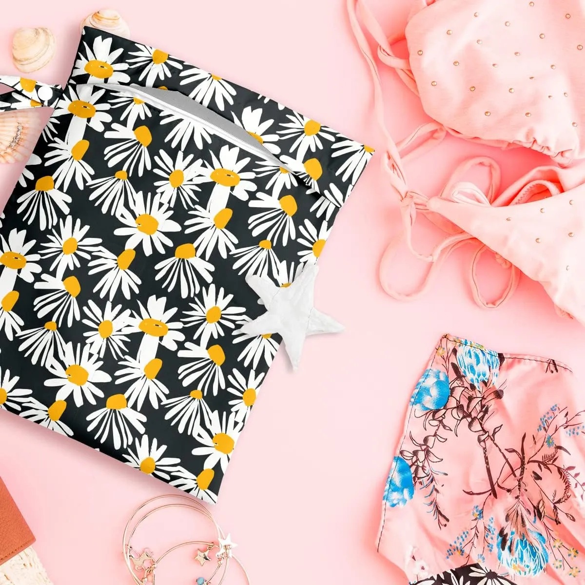 Wet Bag, Wet Dry Bag, Wet Bag for Swimsuit, Travel, Beach, Pool, Diapers, Dirty Yoga Gym Clothes, Toiletries, Makeup Bag, Waterproof Reusable Cute Daisy Floral Flower