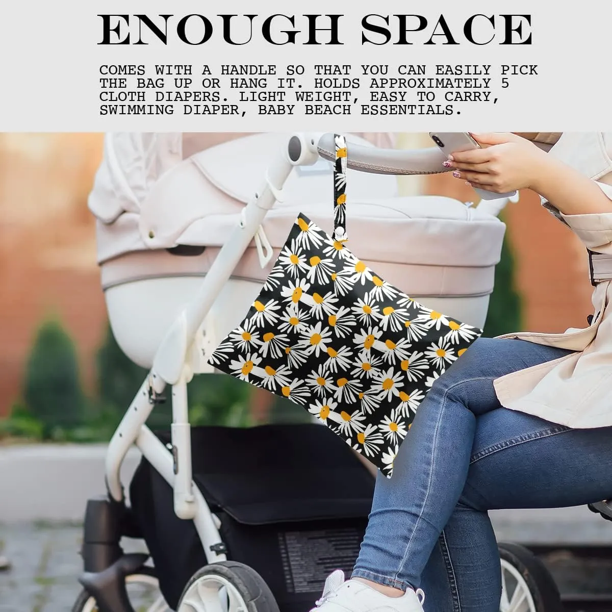 Wet Bag, Wet Dry Bag, Wet Bag for Swimsuit, Travel, Beach, Pool, Diapers, Dirty Yoga Gym Clothes, Toiletries, Makeup Bag, Waterproof Reusable Cute Daisy Floral Flower