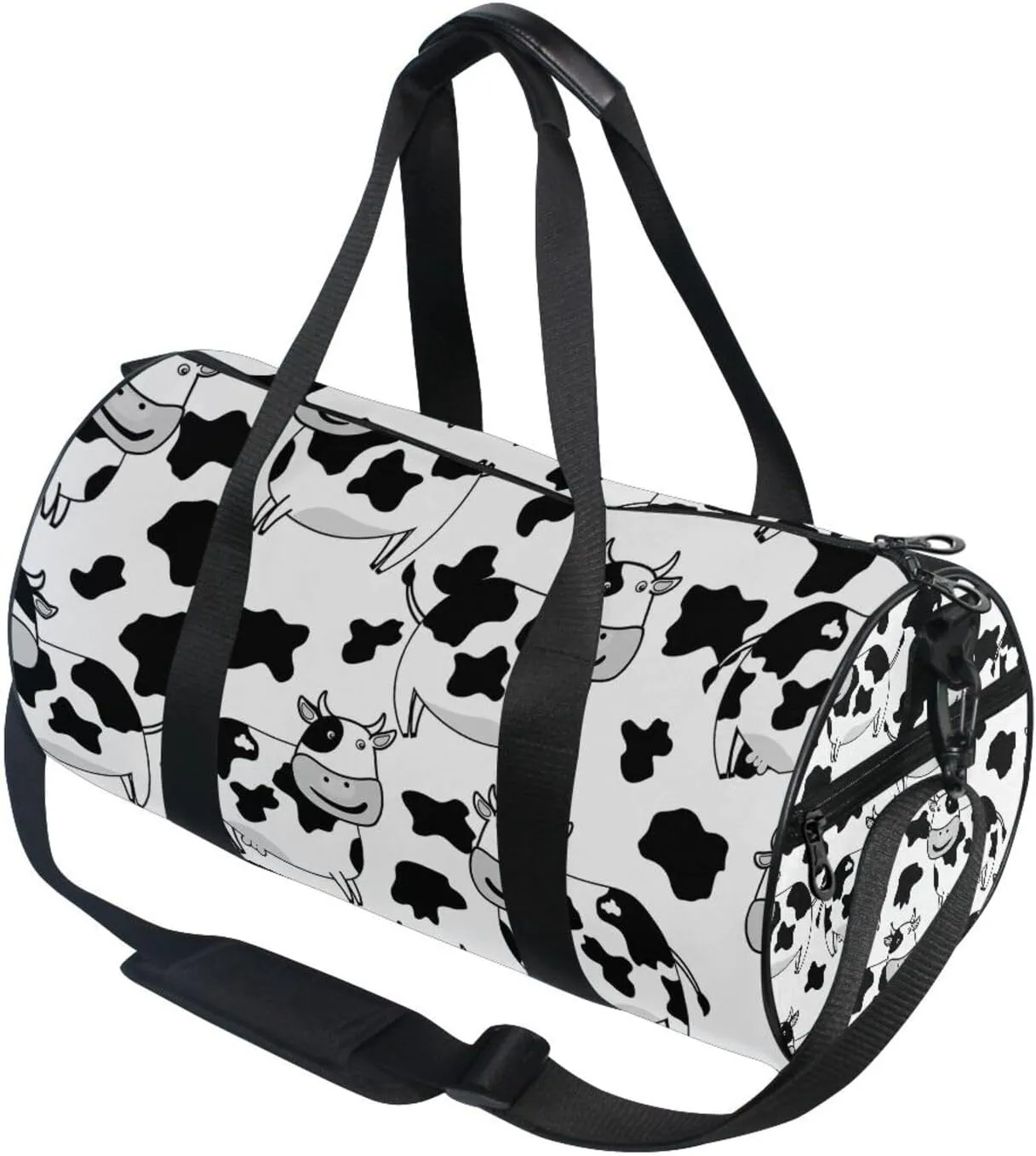 White Black Cow Skin Portable Gym Bag, Travel Bag, Luggage bag, Sports Bag, Toiletry Bag with Handles, Detachable Shoulder Strap 17.6 x 9 x 9 inch
