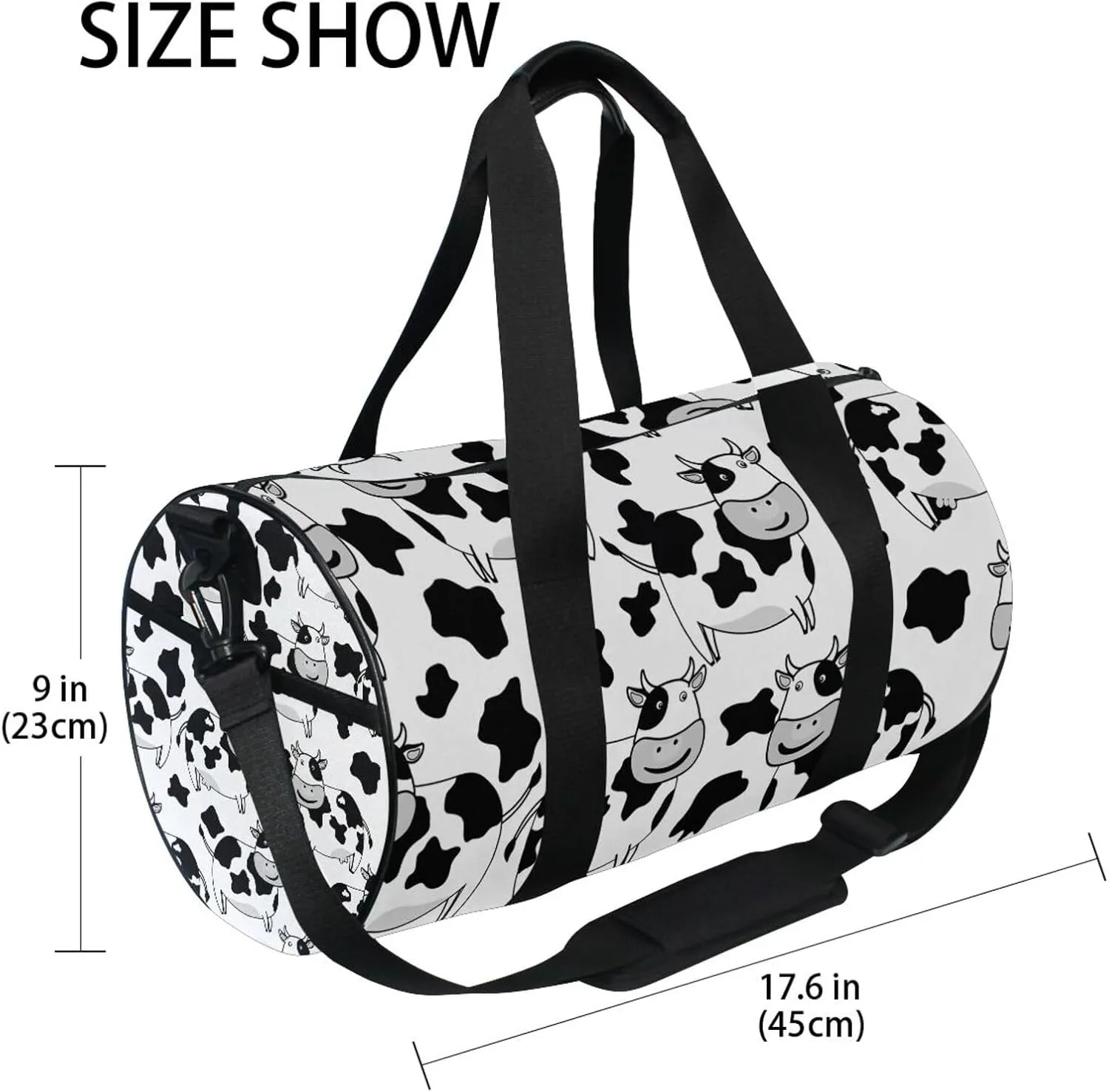 White Black Cow Skin Portable Gym Bag, Travel Bag, Luggage bag, Sports Bag, Toiletry Bag with Handles, Detachable Shoulder Strap 17.6 x 9 x 9 inch