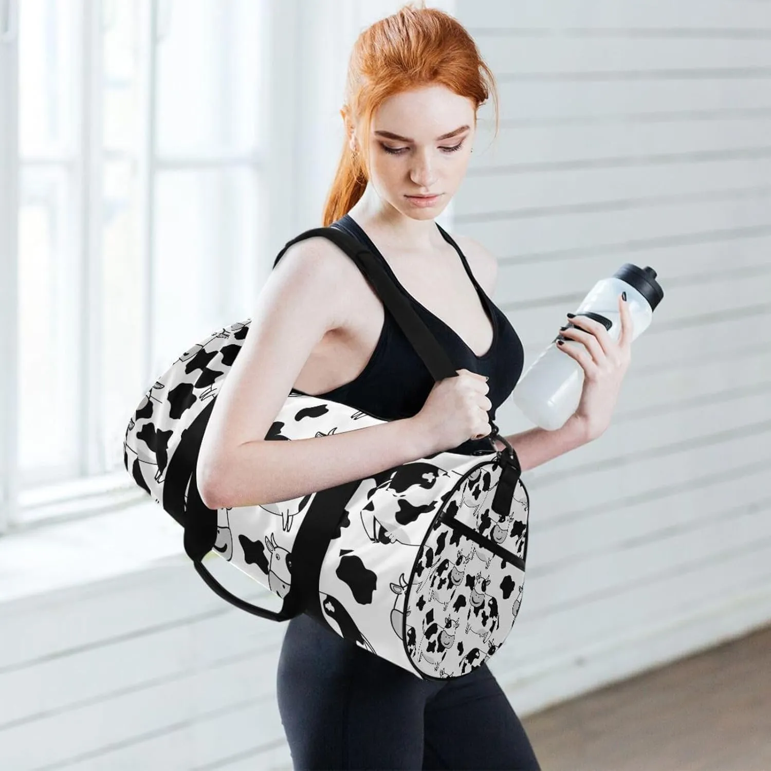 White Black Cow Skin Portable Gym Bag, Travel Bag, Luggage bag, Sports Bag, Toiletry Bag with Handles, Detachable Shoulder Strap 17.6 x 9 x 9 inch