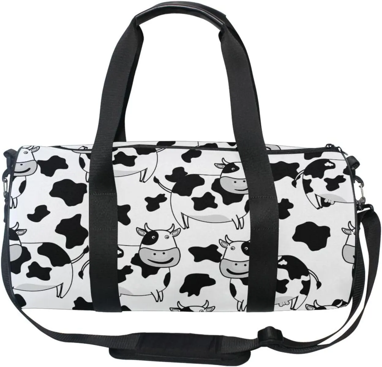 White Black Cow Skin Portable Gym Bag, Travel Bag, Luggage bag, Sports Bag, Toiletry Bag with Handles, Detachable Shoulder Strap 17.6 x 9 x 9 inch