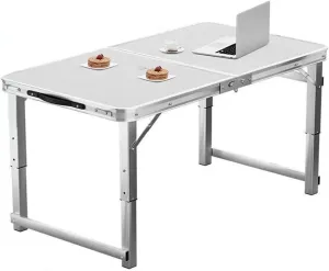 White Folding Camping Table, Adjustable Height Folding Table, Portable Aluminium Small Folding Table with Carrying Handle for Picnic, Barbecue, Indoor, Office