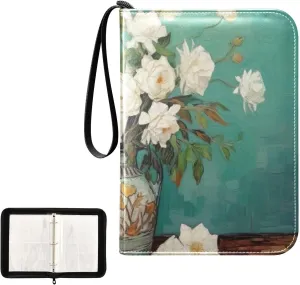 White Rose Painting Card Binder 4-Pocket, 400 Pockets Trading Cards Holder Games Card Albums Storage Organizer Case for Football, Baseball Cards